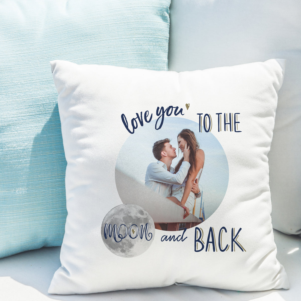 Personalised Moon and Back photo cushion with a couple’s photo