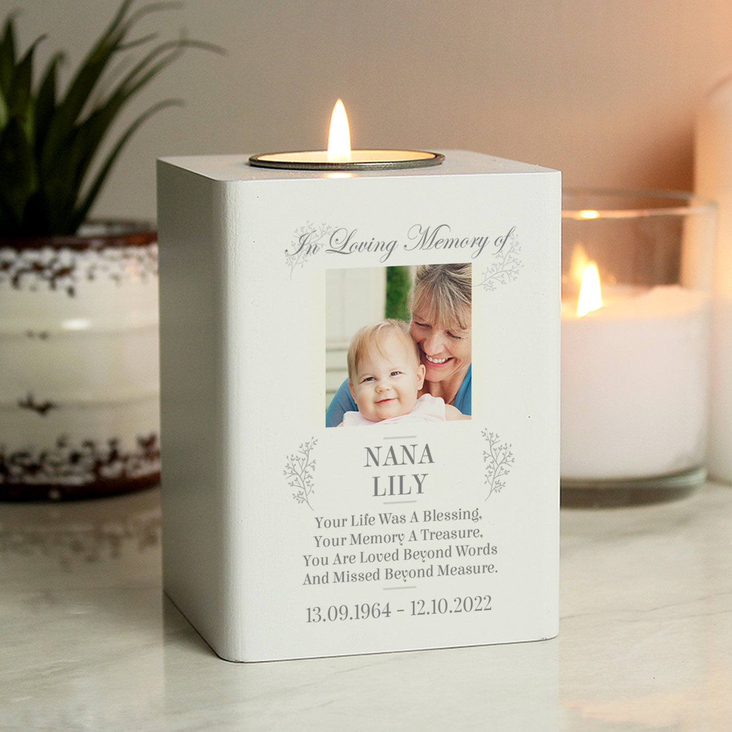Personalised Memorial Photo Upload White Wooden Tea light Holder from Heartfelt Gifts