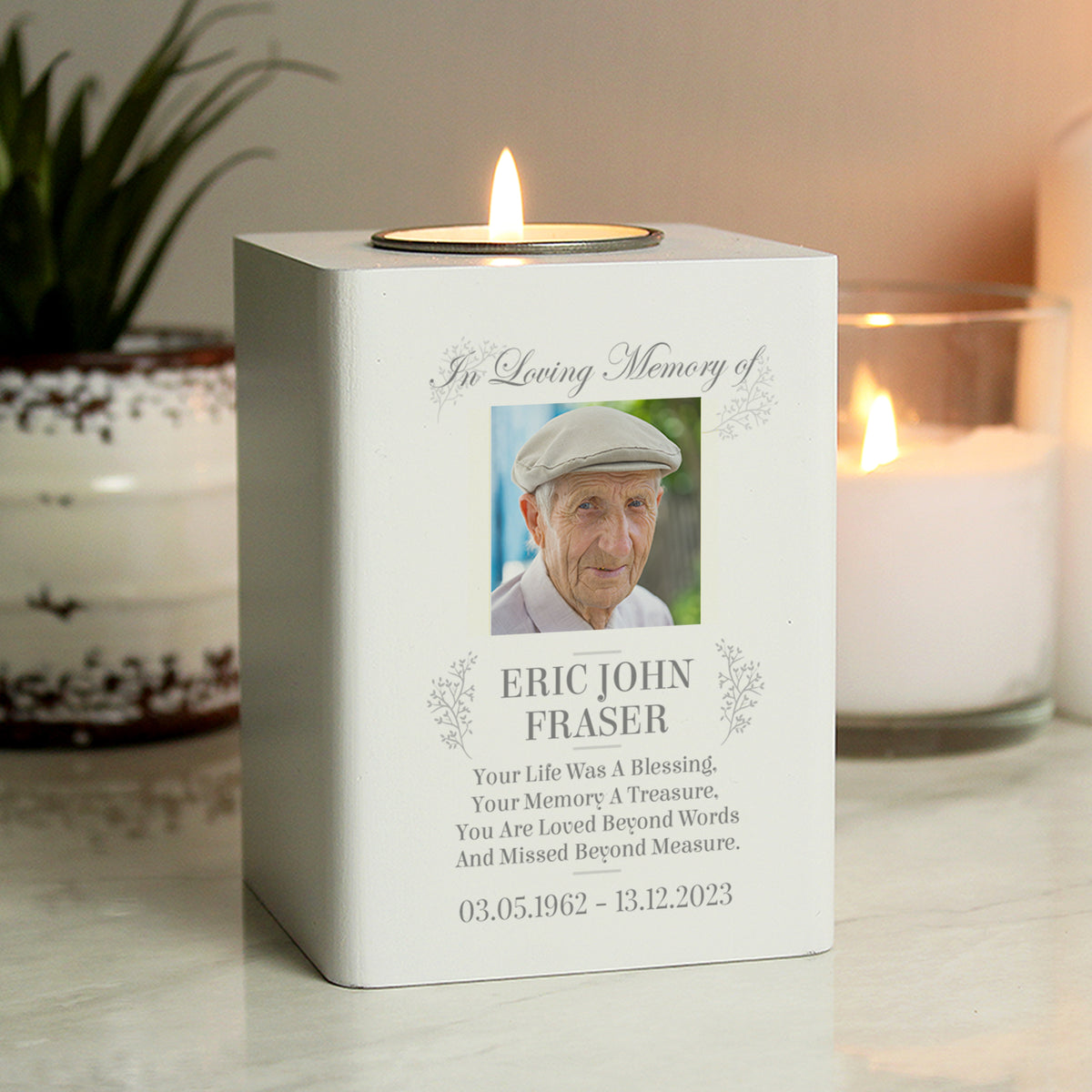 Memorial photo wooden tea light holder – portrait and message example