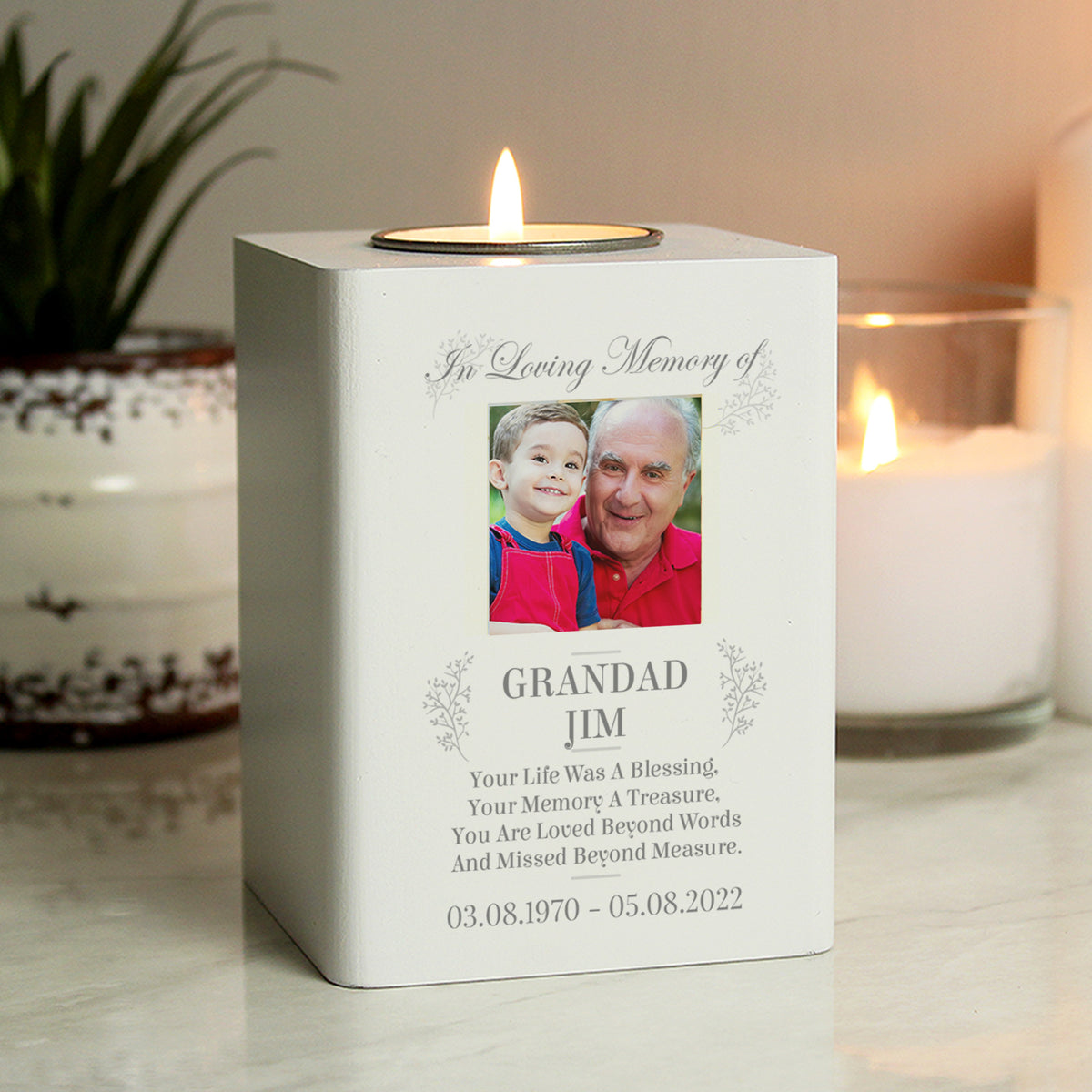 Memorial photo wooden tea light holder – portrait example