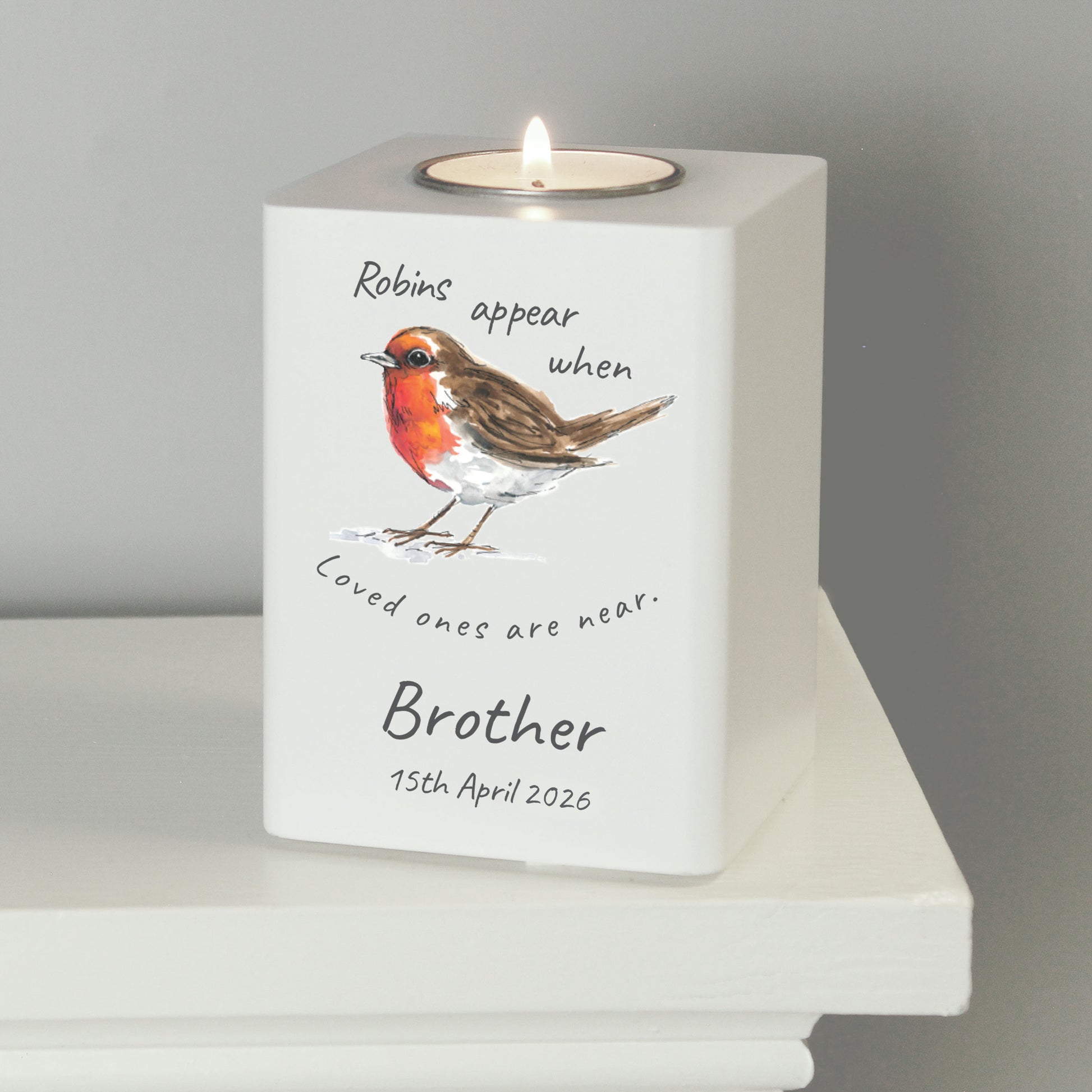 Personalised Robins Appear White Wooden Tea light Holder from Heartfelt Gifts