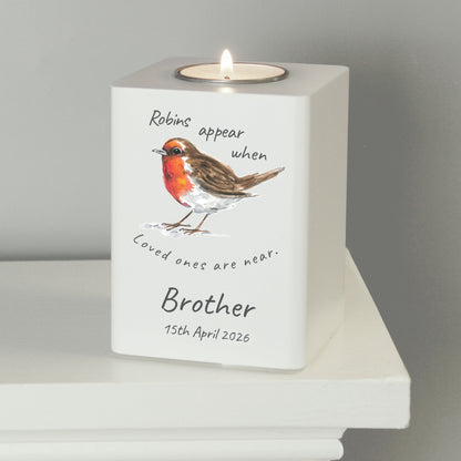 Personalised Robins Appear White Wooden Tea light Holder from Heartfelt Gifts