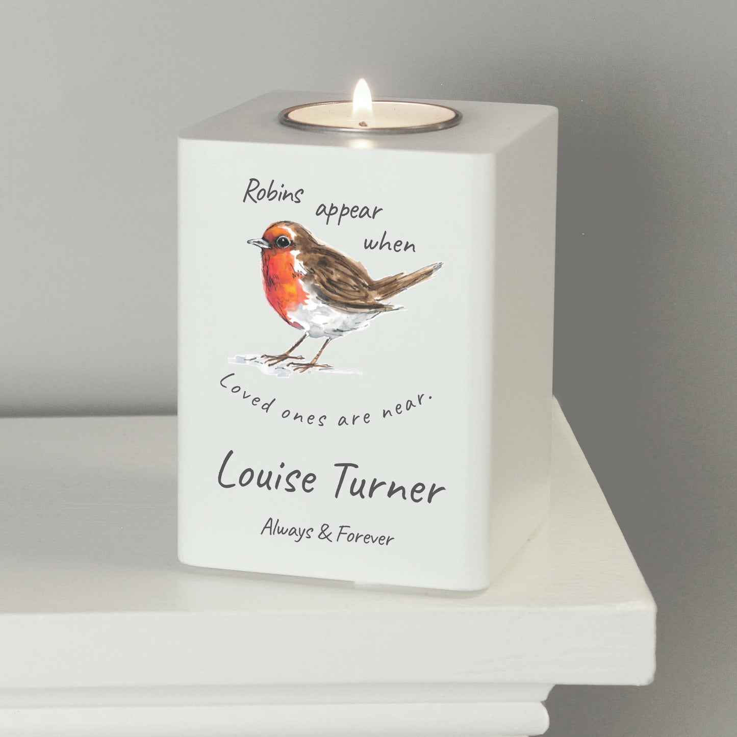 Personalised Robins Appear White Wooden Tea light Holder - image 2