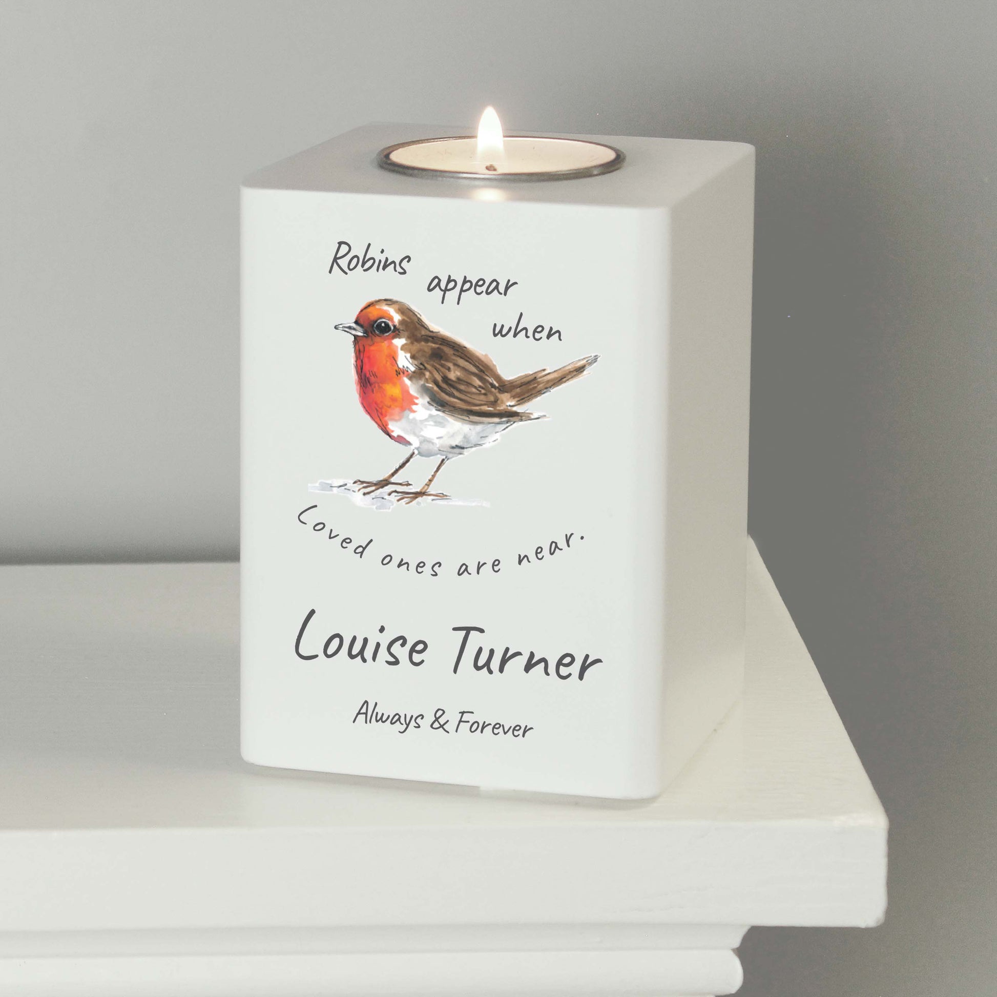 Personalised Robins Appear White Wooden Tea light Holder - image 2