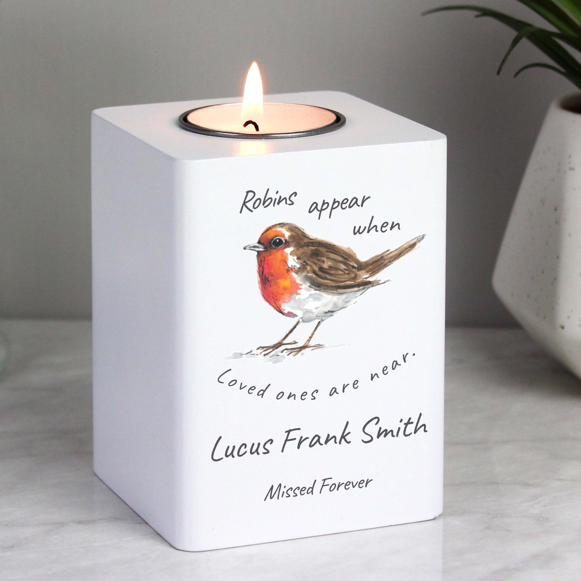Personalised Robins Appear White Wooden Tea light Holder - image 3