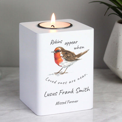 Personalised Robins Appear White Wooden Tea light Holder - image 3