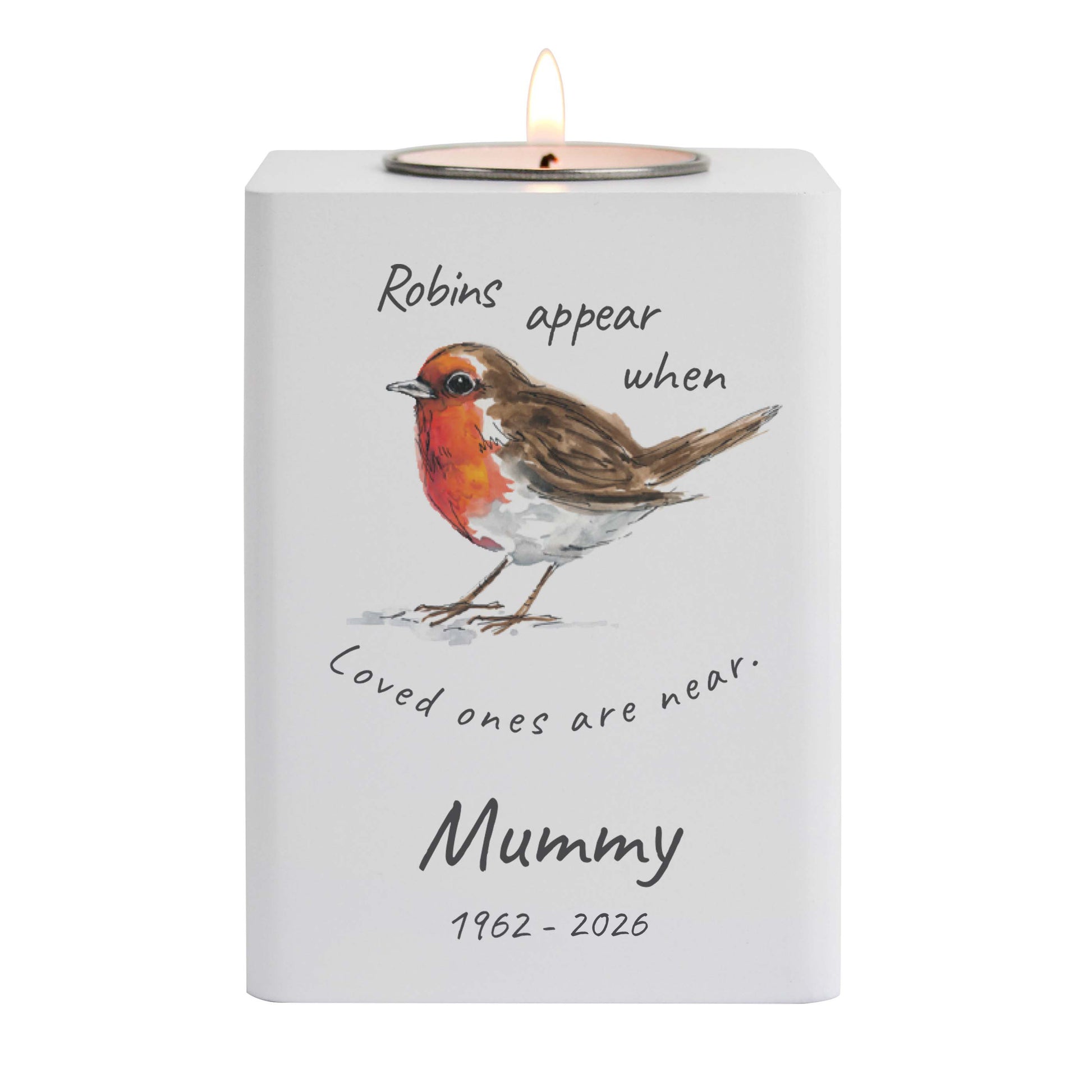 Personalised Robins Appear White Wooden Tea light Holder - image 5