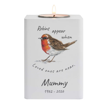 Personalised Robins Appear White Wooden Tea light Holder - image 5