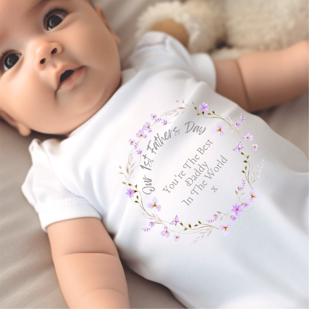 Personalised Our 1st Fathers Day Floral Babygrow | Name Vest or Bib UK