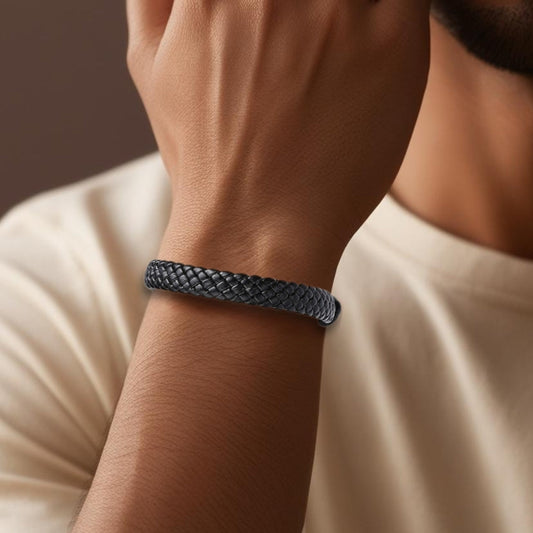 Black faux-leather weave bracelet
