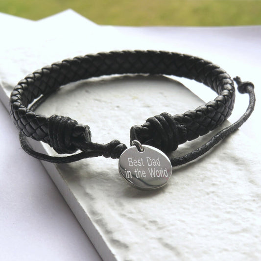 Men's black woven faux-leather bracelet with adjustable cord