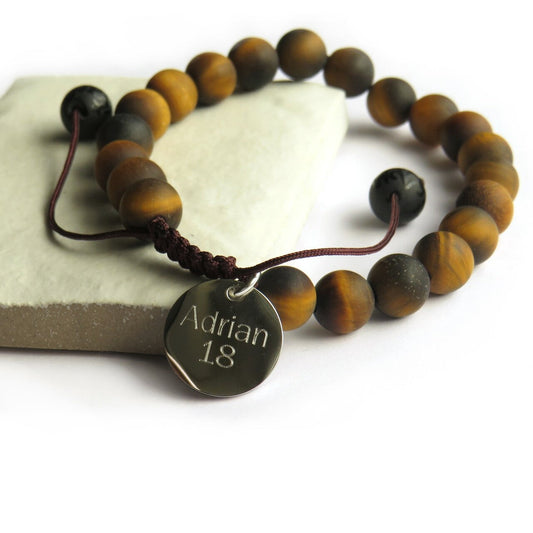 Personalised adjustable tiger's eye bead bracelet with a round disc