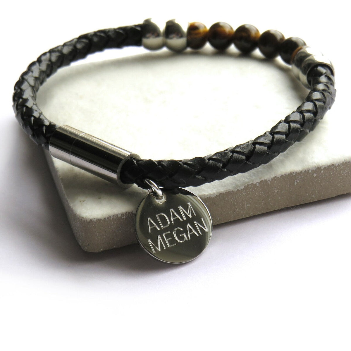 Personalised Men's Tigers Eye Leather Bracelet