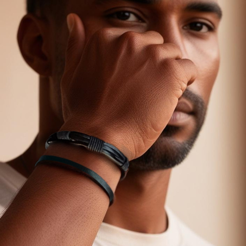 Personalised Men's Black Leather & Cord Bracelet