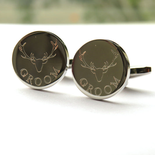 Personalised Stag round cufflinks with example engraving