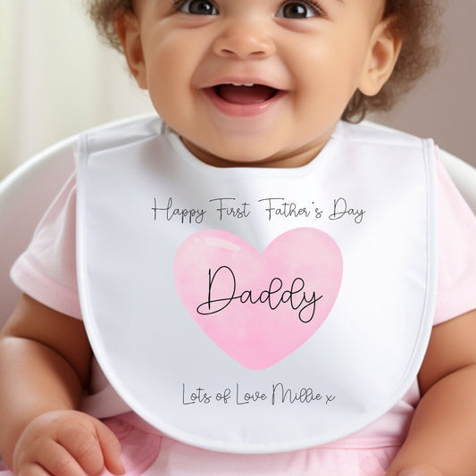 Personalised First Father's Day baby bib with a pink heart design