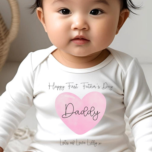 Personalised First Father's Day babygrow with a pink heart design
