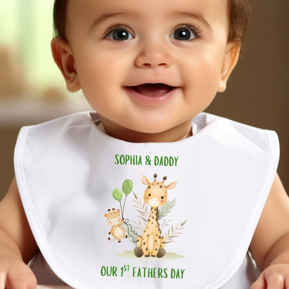 Personalised Our 1st Fathers Day Giraffe Baby Outfit: Bib, Vest, Baby Grow