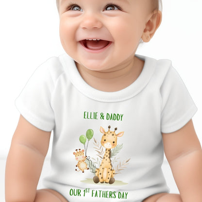 Personalised Our 1st Fathers Day Giraffe Baby Outfit: Bib, Vest, Baby Grow