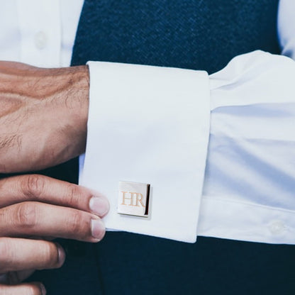 Silver-coloured square initial cufflinks with a polished rhodium-plated finish
