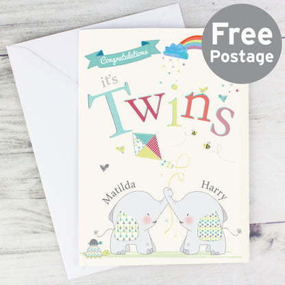Personalised Hessian Elephant Twins Card from Heartfelt Gifts