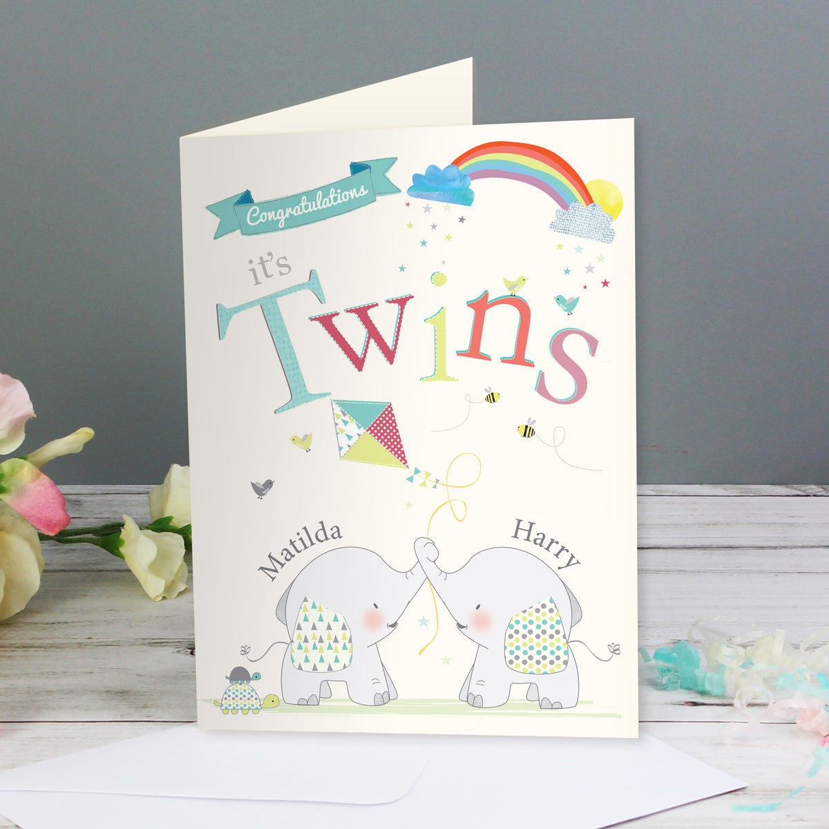 Personalised Hessian Elephant Twins Card - image 4