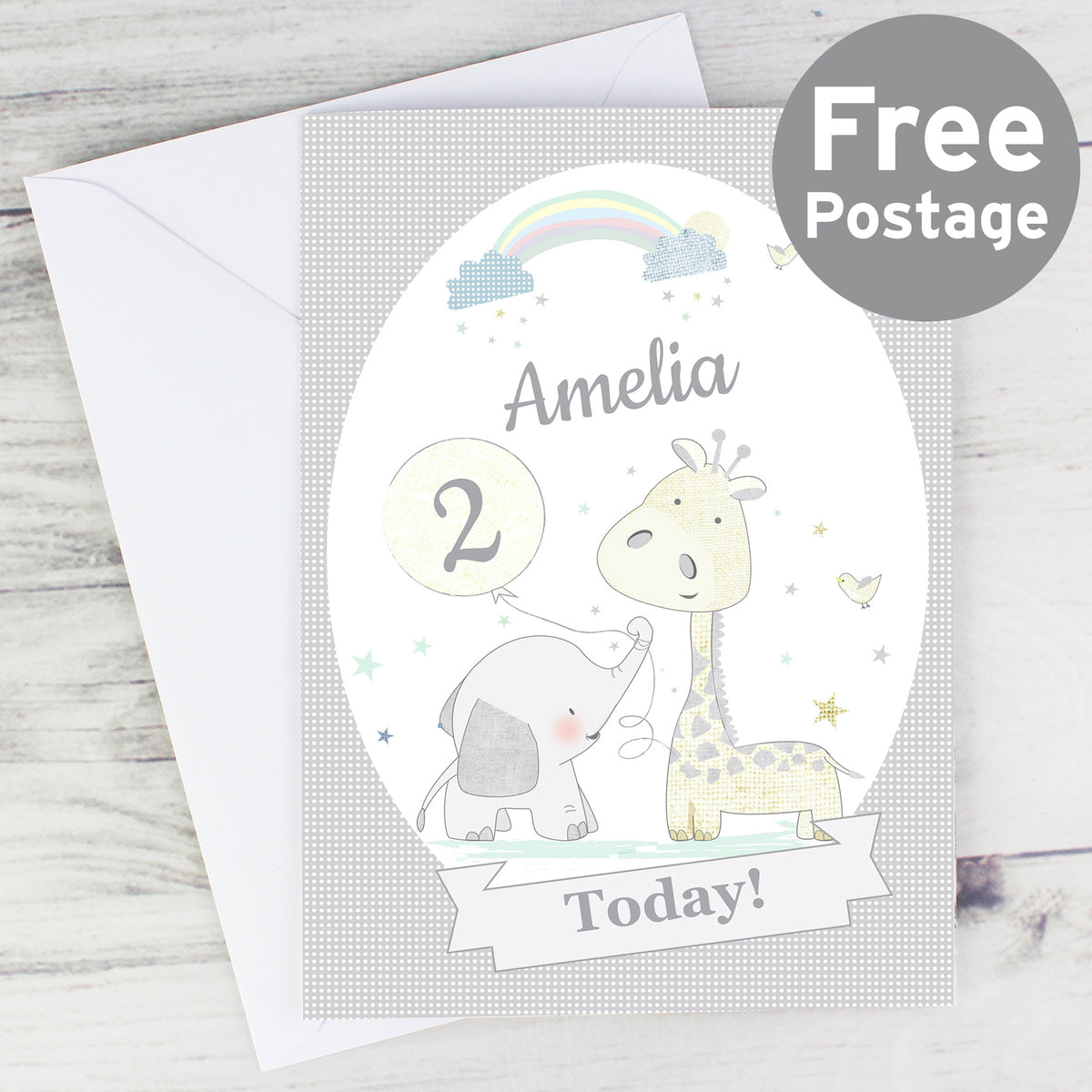 Personalised Hessian Giraffe & Elephant Card from Heartfelt Gifts