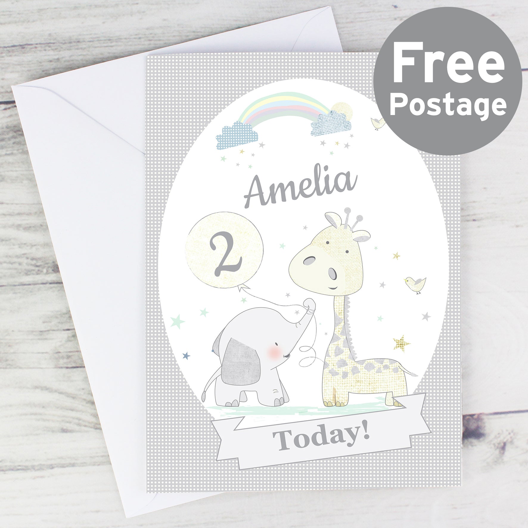 Personalised Hessian Giraffe & Elephant Card from Heartfelt Gifts