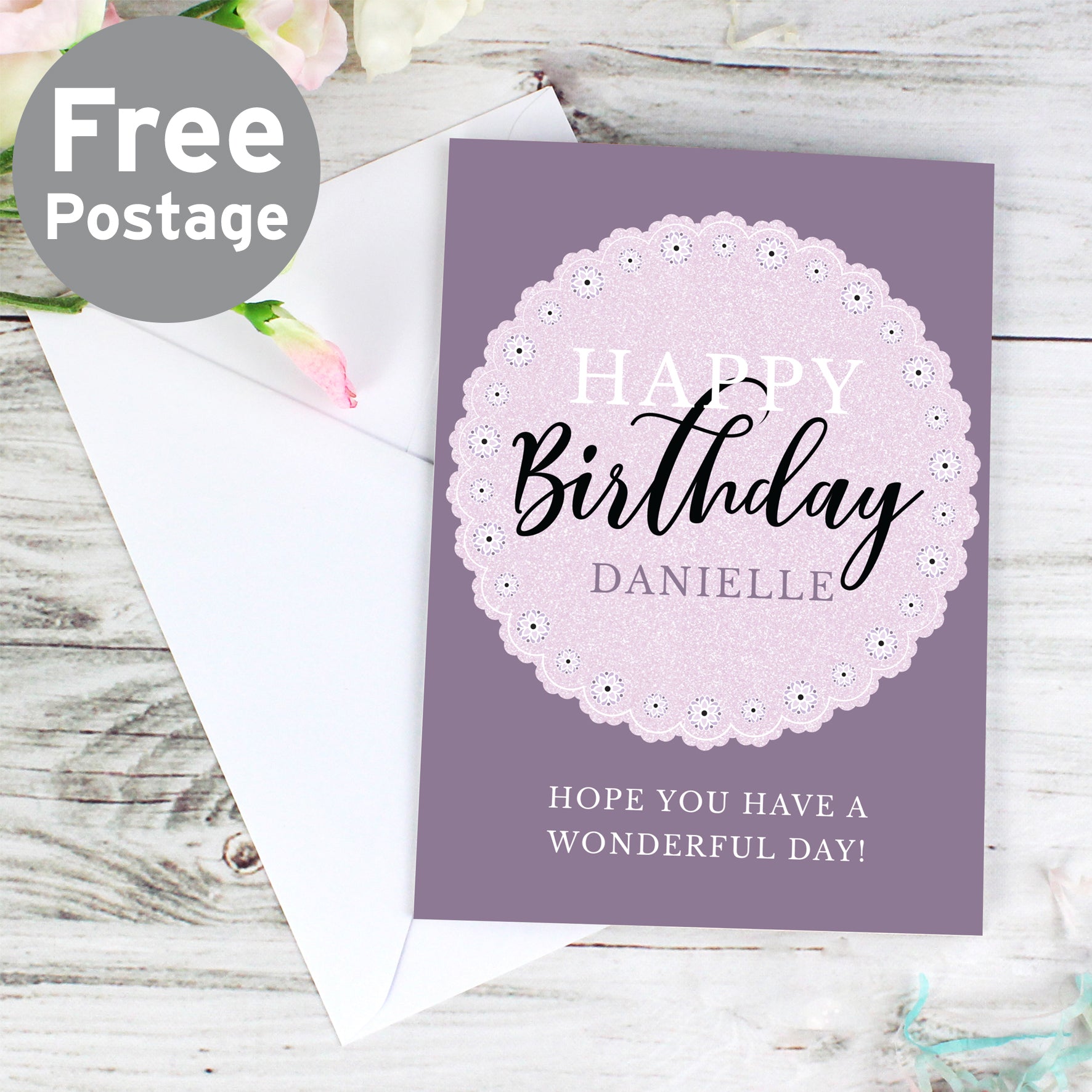 Personalised Lilac Lace Birthday Card from Heartfelt Gifts