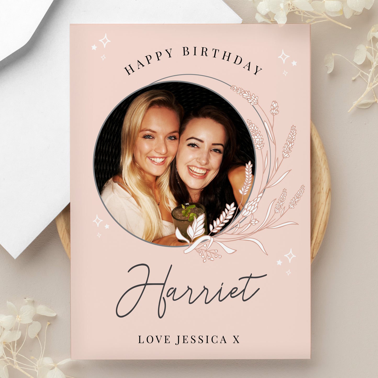 Personalised Pink Wreath Photo Upload Greeting Card from Heartfelt Gifts