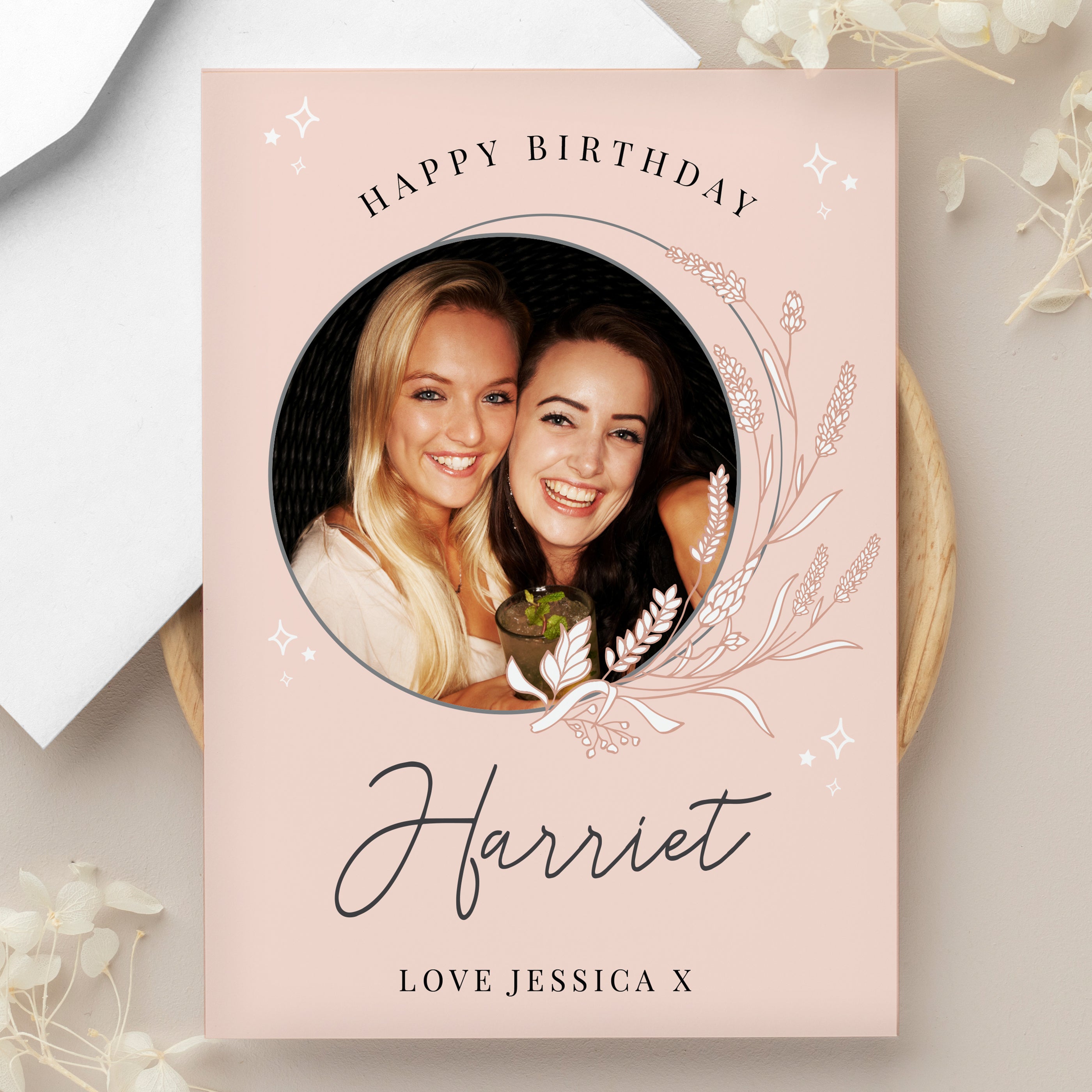 Personalised Pink Wreath Photo Upload Greeting Card from Heartfelt Gifts