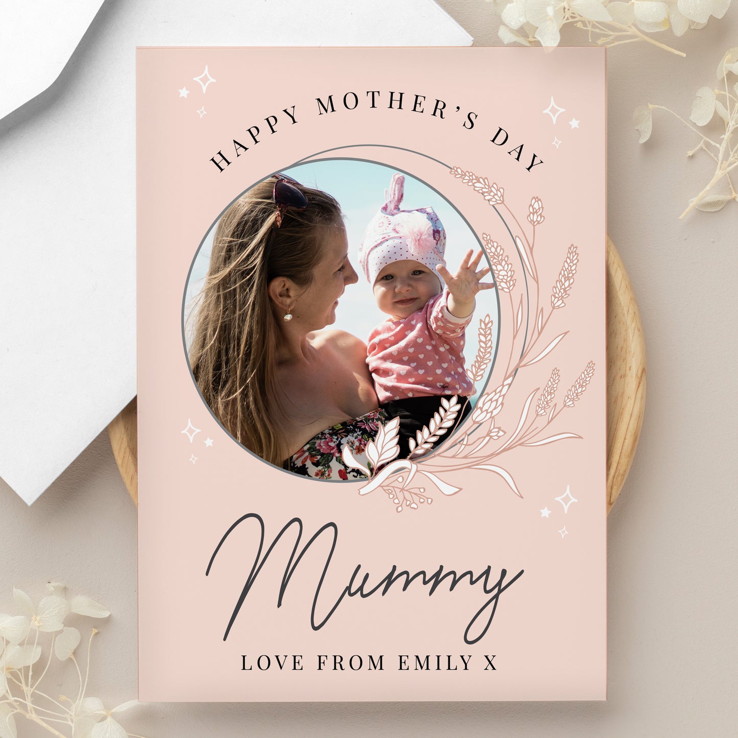 Personalised Pink Wreath Photo Upload Greeting Card - image 3