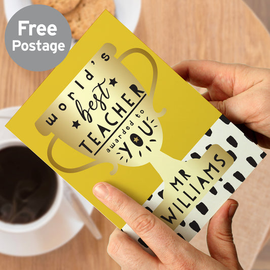 Personalised World's Best Teacher Trophy Greeting Card from Heartfelt Gifts