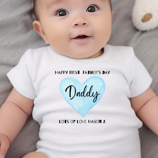 Personalised First Father's Day baby vest with a blue heart design