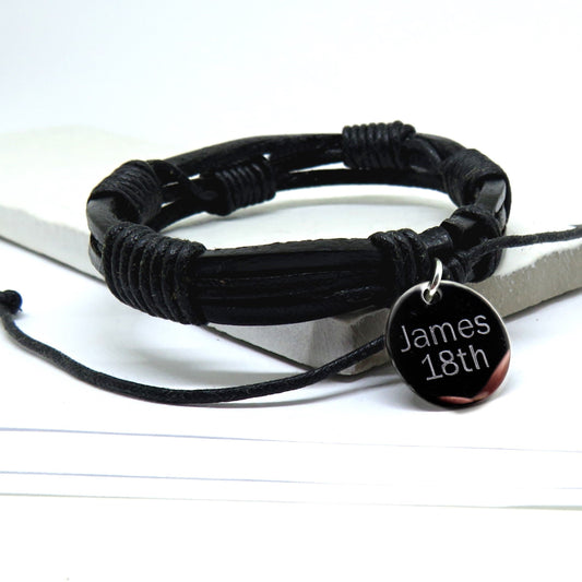 Personalised Men's Black Leather & Cord Bracelet