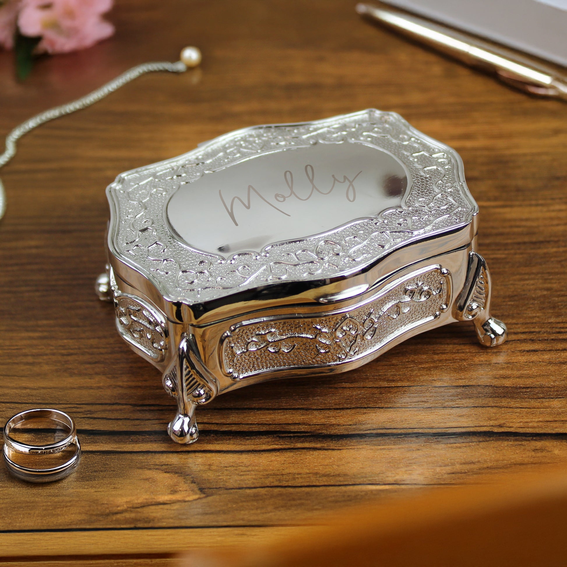 Personalised Small Silver Plated Jewellery Box – Birthday Anniversary Gift for Her