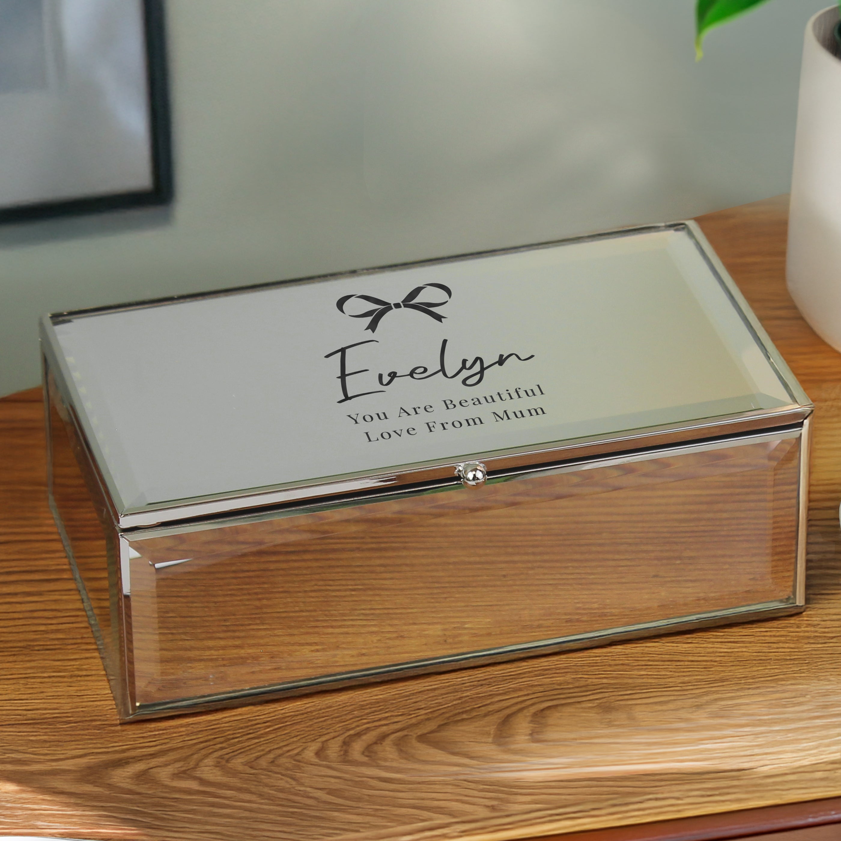 Personalised Bow Mirrored Jewellery Box – Luxury Birthday Valentine Gift for Her