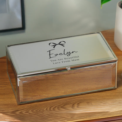 Personalised Bow Mirrored Jewellery Box – Luxury Birthday Valentine Gift for Her