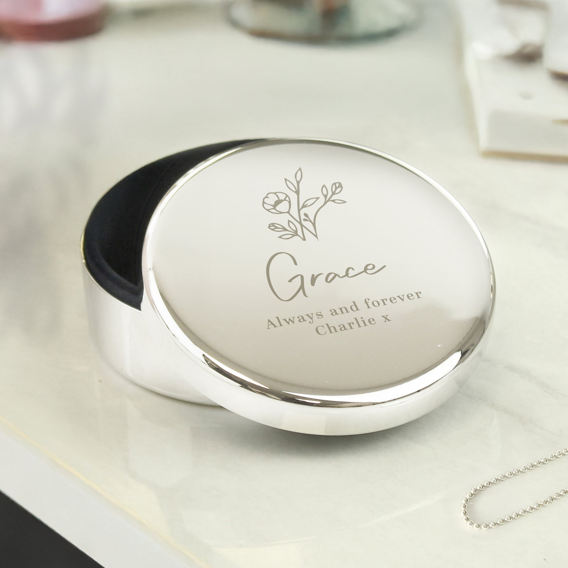 Personalised Floral Round Trinket Box – Birthday Valentine Gift for Her