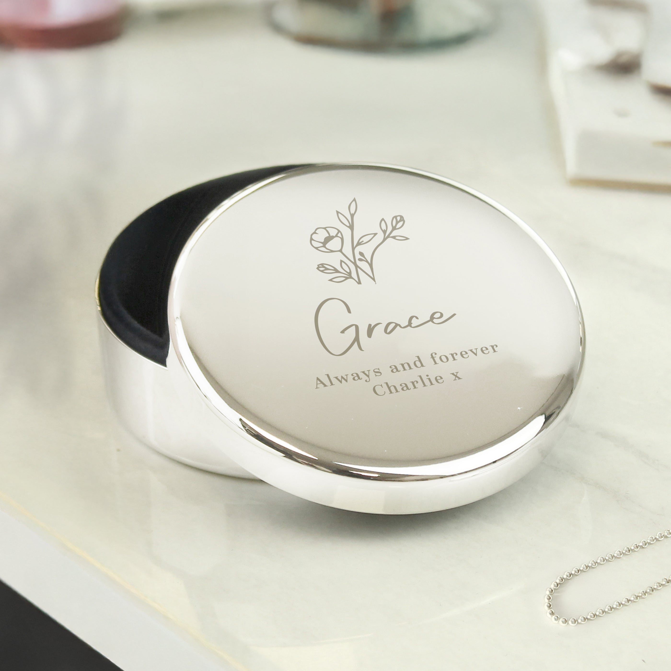 Personalised Floral Round Trinket Box – Birthday Valentine Gift for Her