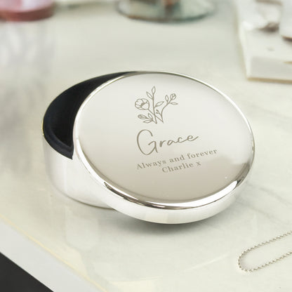 Personalised Floral Round Trinket Box – Birthday Valentine Gift for Her