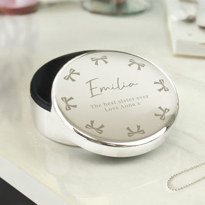 Personalised Bow Round Trinket Box – Birthday Valentine Gift for Her