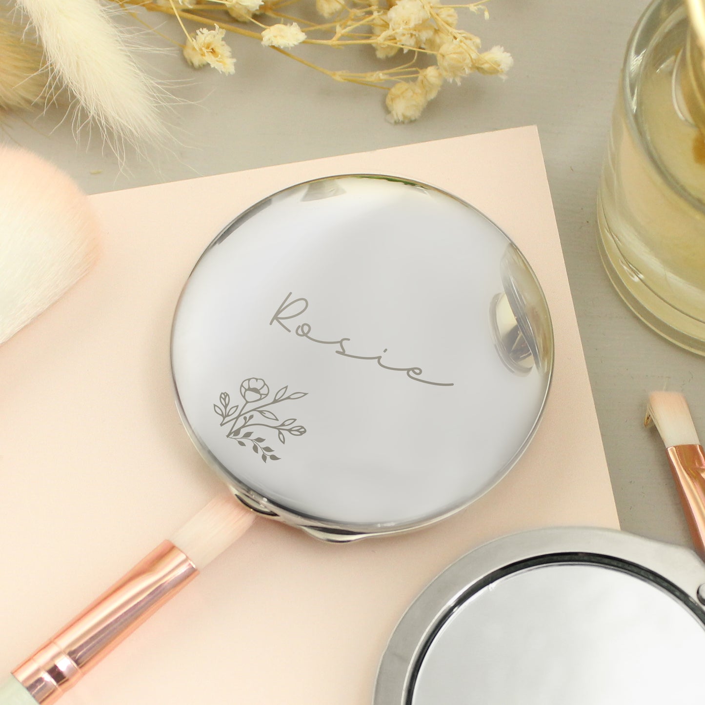 Personalised Floral Round Compact Mirror – Birthday Valentine Gift for Her