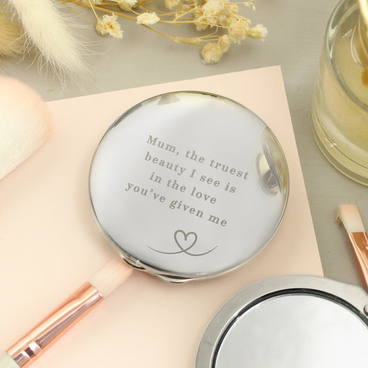 Personalised Heart Round Compact Mirror – Birthday Valentine's Gift for Her