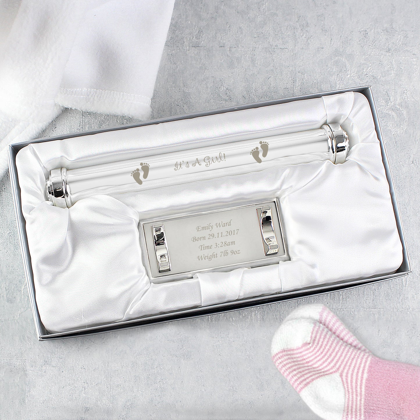 Personalised Its A Girl Silver Plated Certificate Holder - image 3