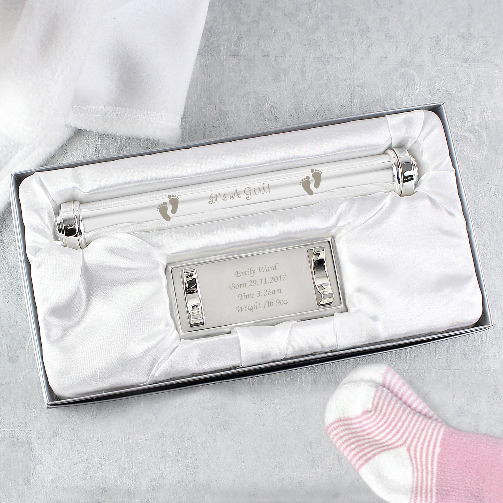 Personalised Its A Girl Silver Plated Certificate Holder - image 3