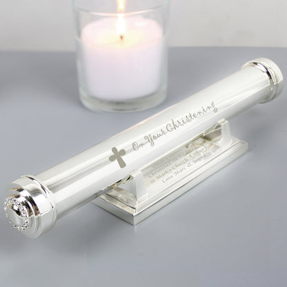Personalised Christening Cross Silver Plated Certificate Holder from Heartfelt Gifts