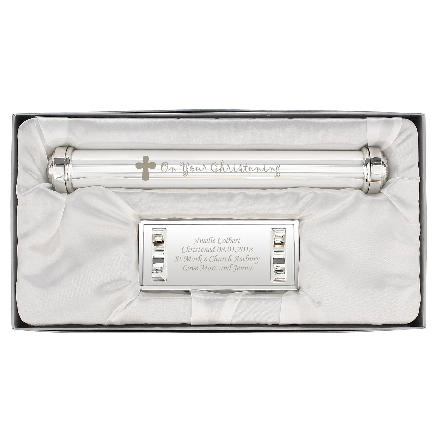 Personalised Christening Cross Silver Plated Certificate Holder - image 2