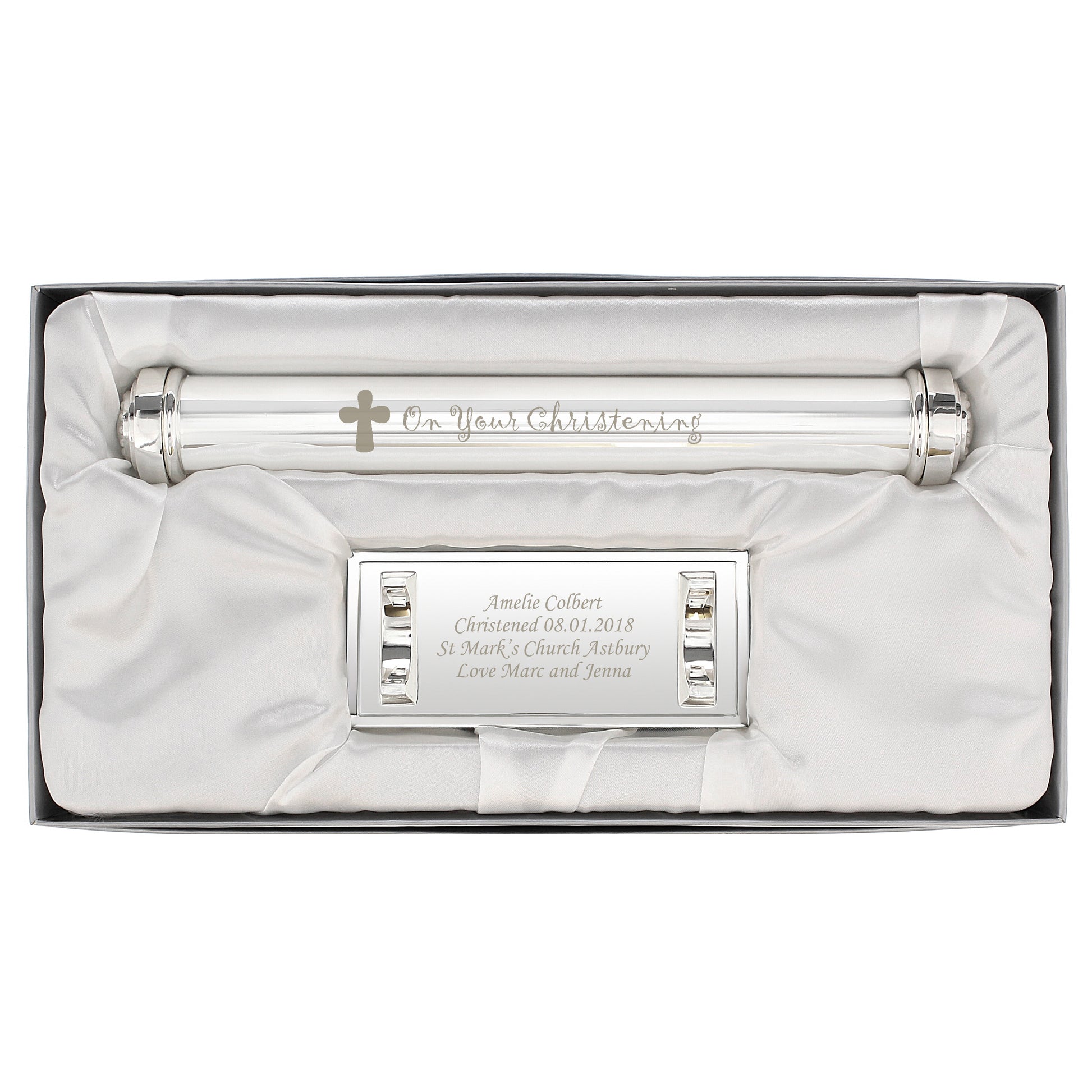 Personalised Christening Cross Silver Plated Certificate Holder - image 2