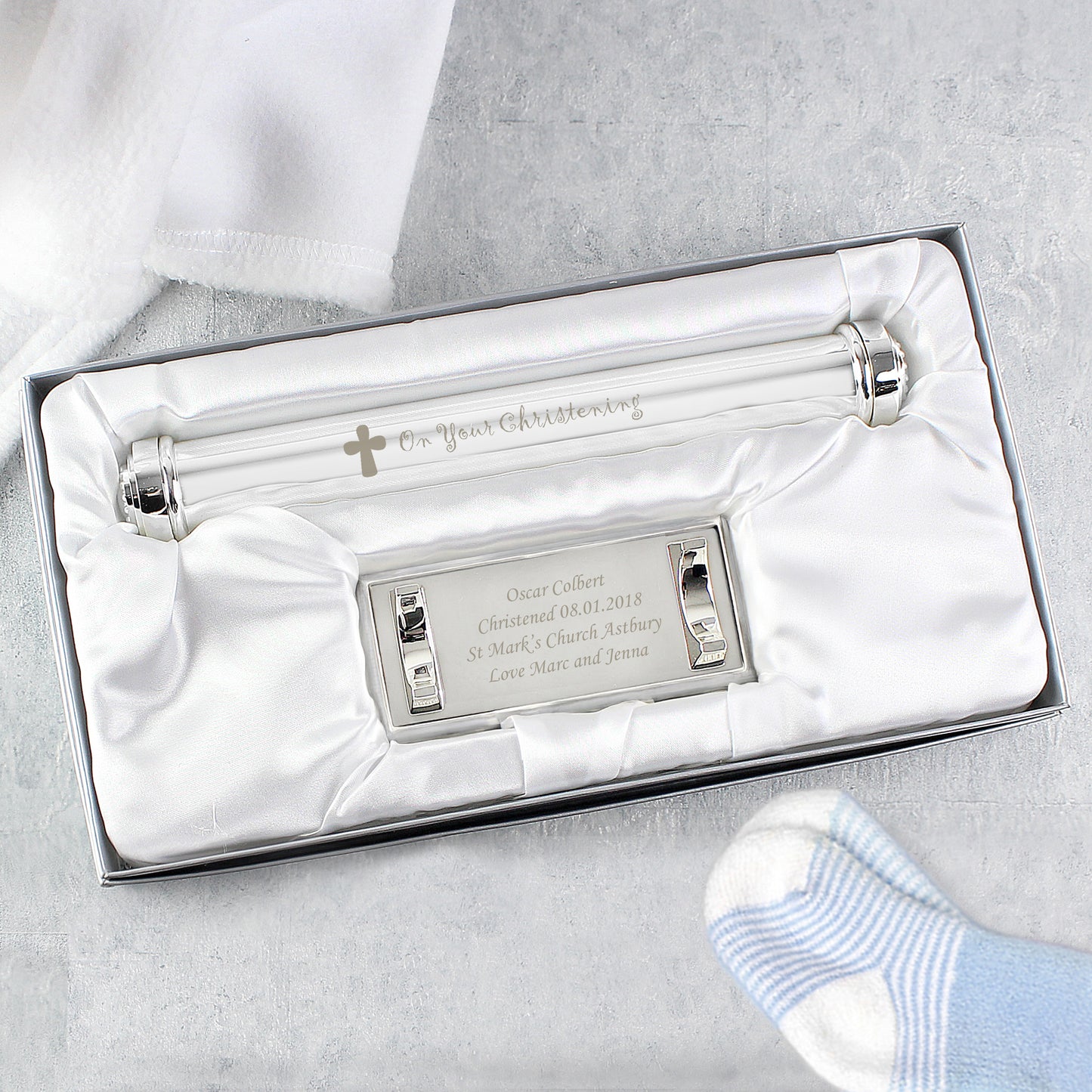 Personalised Christening Cross Silver Plated Certificate Holder - image 3